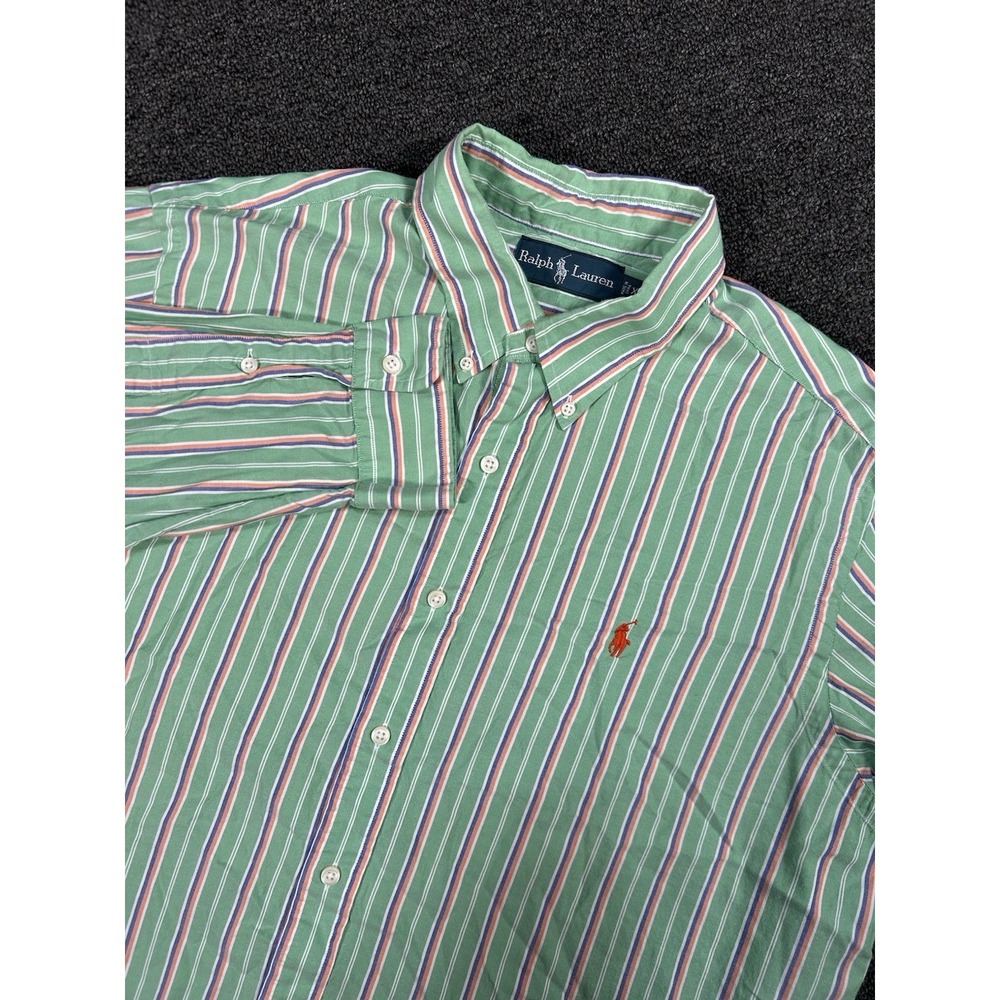 Ralph‎ Lauren Shirt Men's XL Green Orange Stripes Button Down Pony Preppy L/S